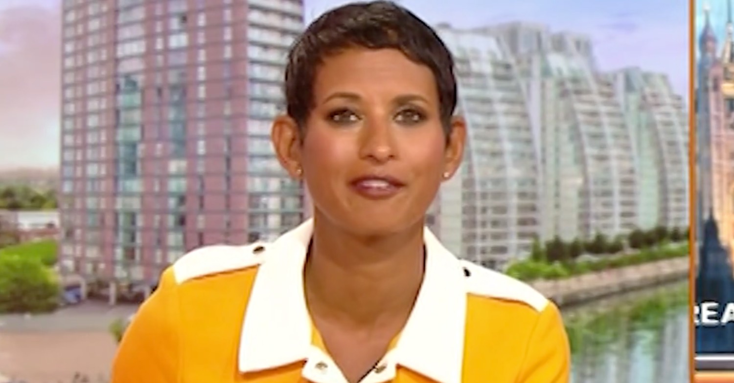 Naga Munchetty in orange dress on BBC Breakfast