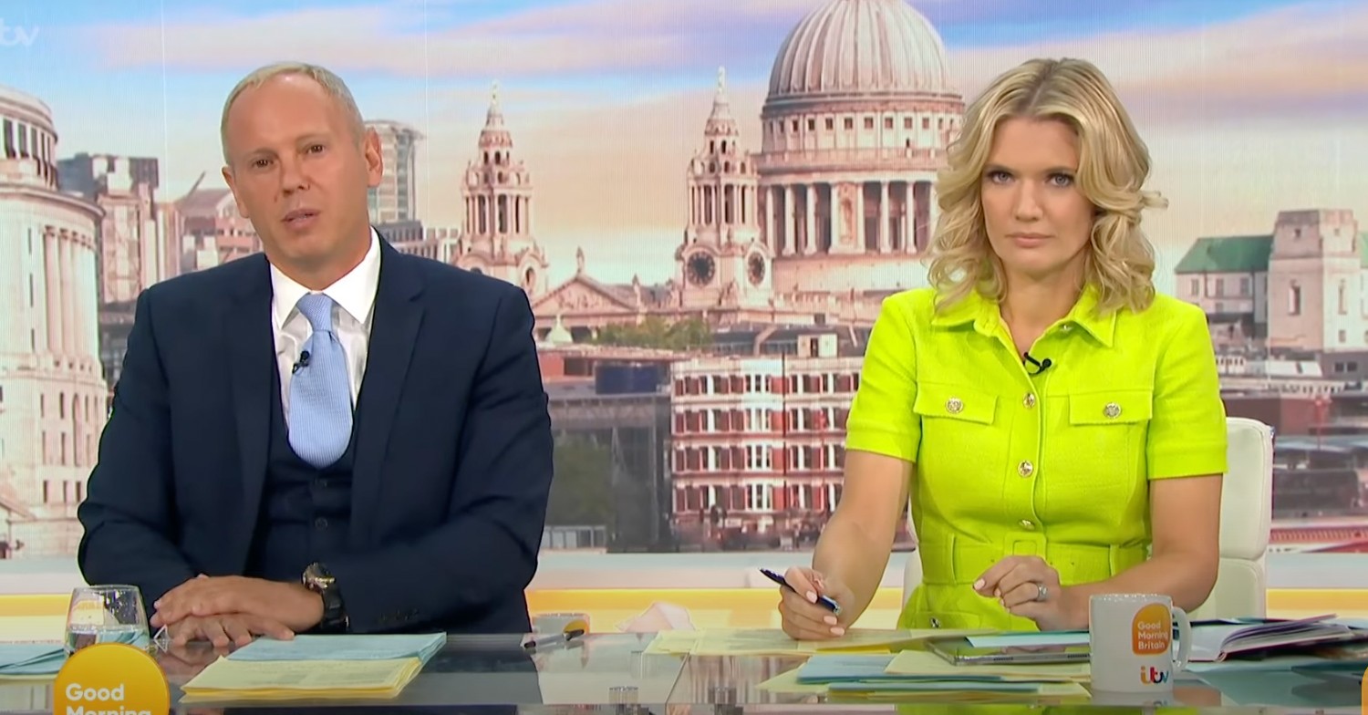 Rob Rinder in dark suit and Charlotte Hawkins in lime green shirt dress on GMB today