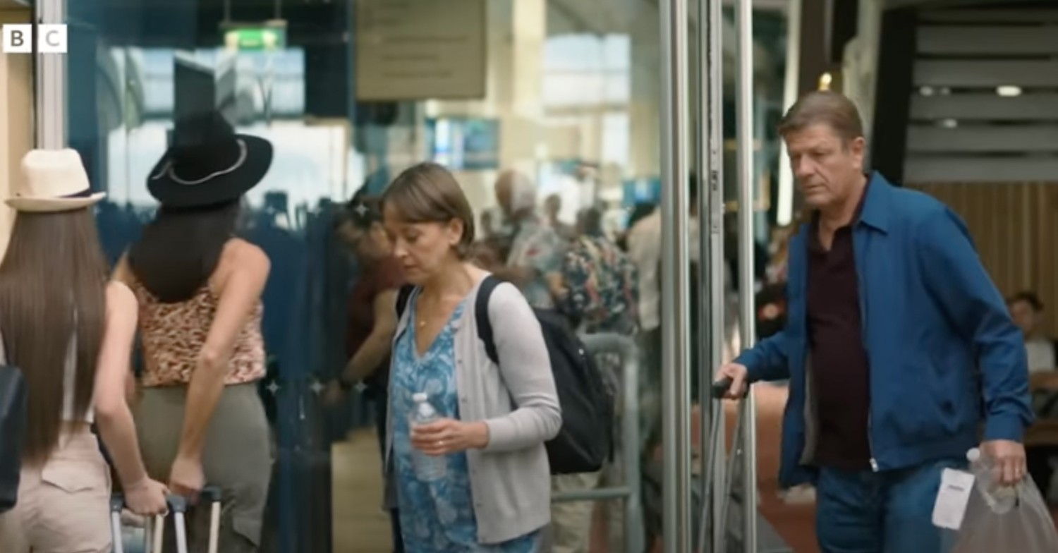 Sean Bean and Nicola Walker in an airport in BBC drama Marriage