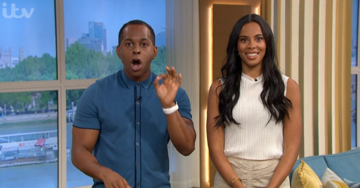 Andi Peters shouts at camera as Rochelle Humes looks stunned on This Morning today