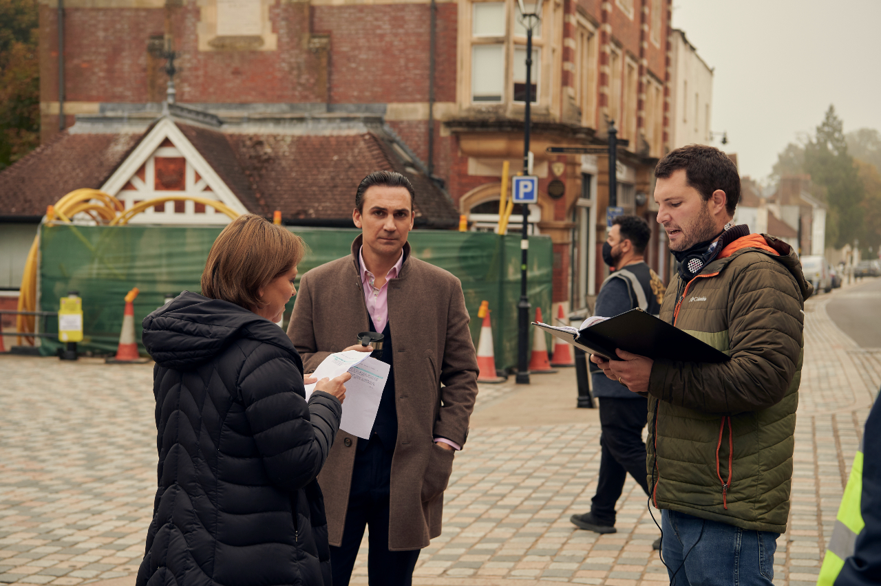 Stefan Golaszewski, with Nicola Walker and Henry Lloyd-Hughes on set of Marriage