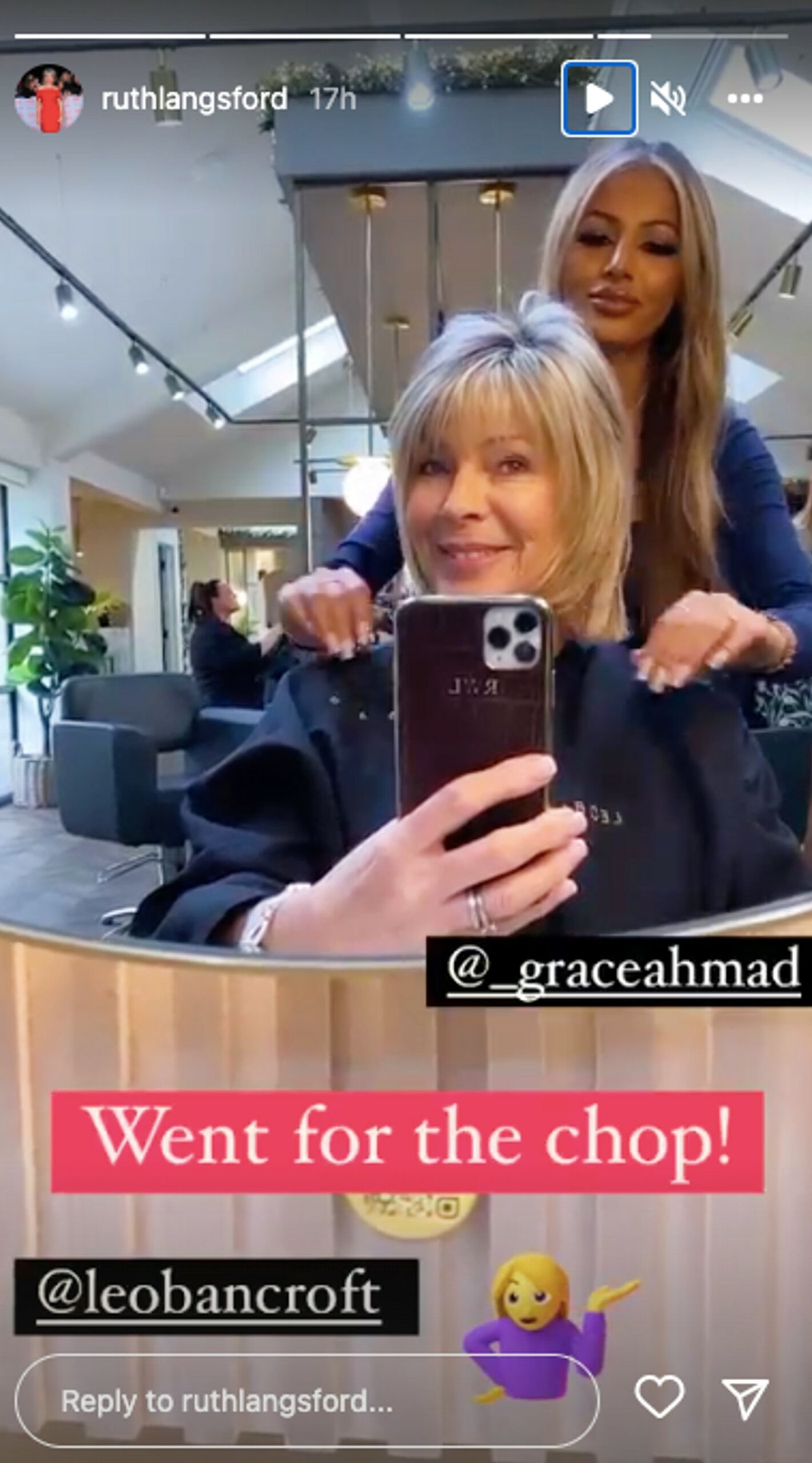 Ruth Langsford getting her hair extensions replaced at the hair salon on Instagram