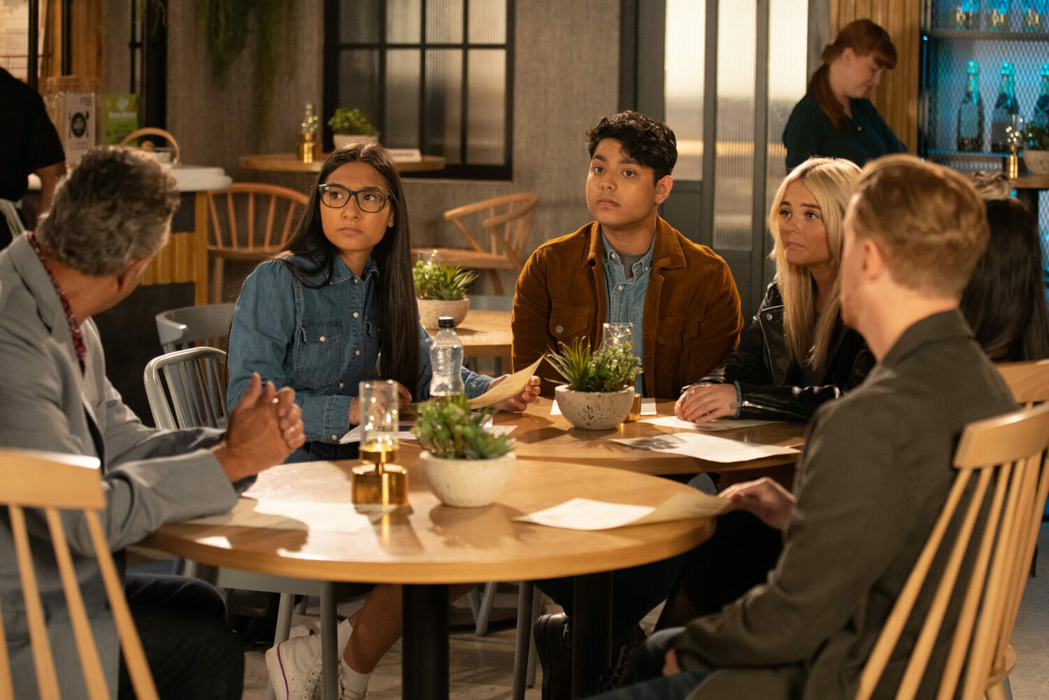 Coronation Street Kelly, Aadi, and Asha at the Bistro