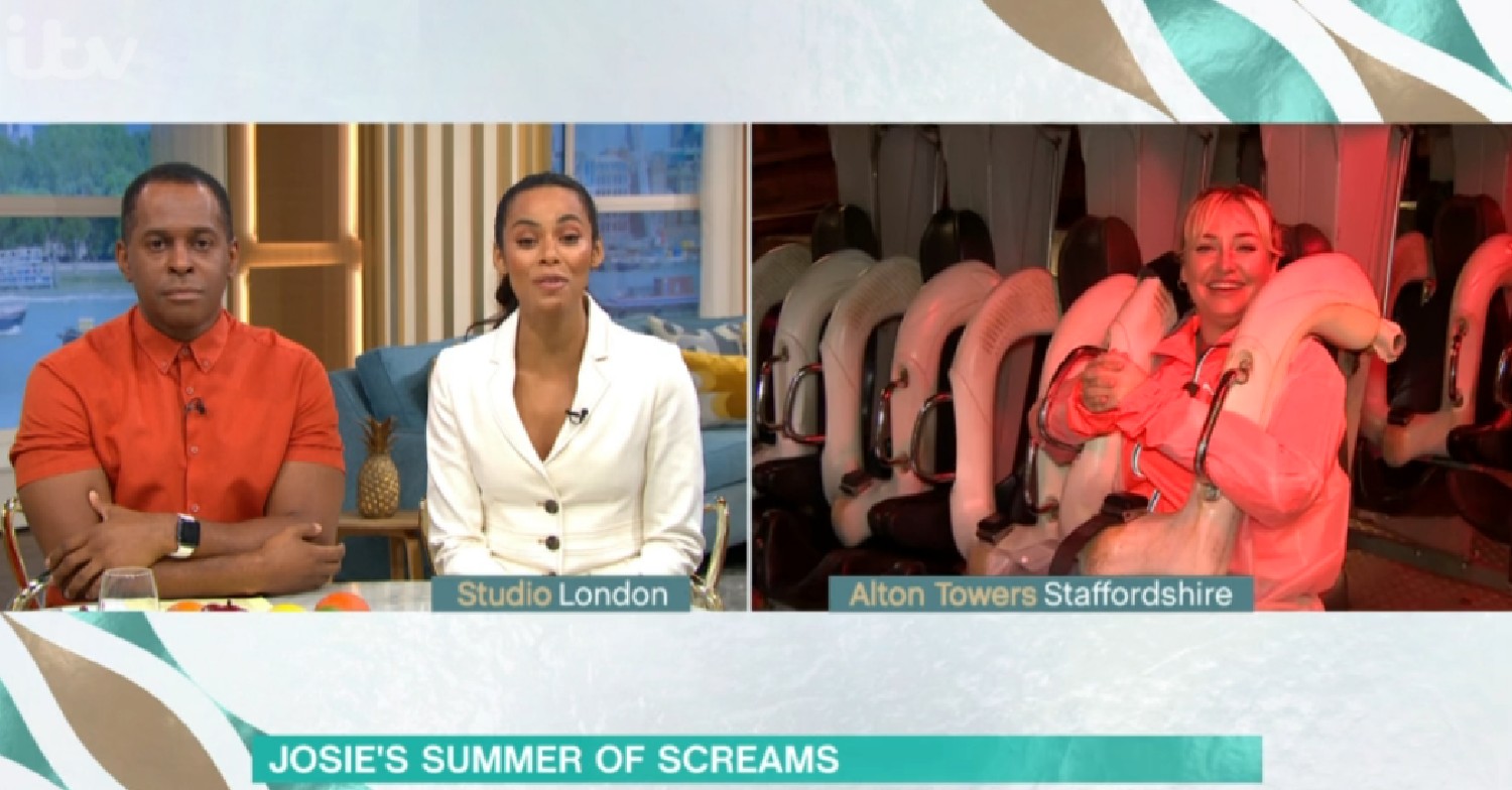 Josie Gibson sat on a rollercoaster speaking to Andi Peters and Rochelle Humes on This Morning