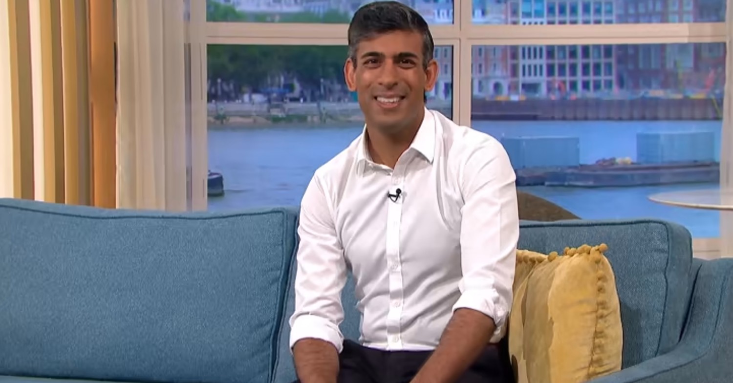 Rishi Sunak on This Morning today, smiling in a white shirt