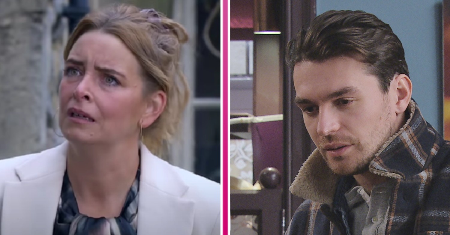 Charity and Mack looking worried in Emmerdale