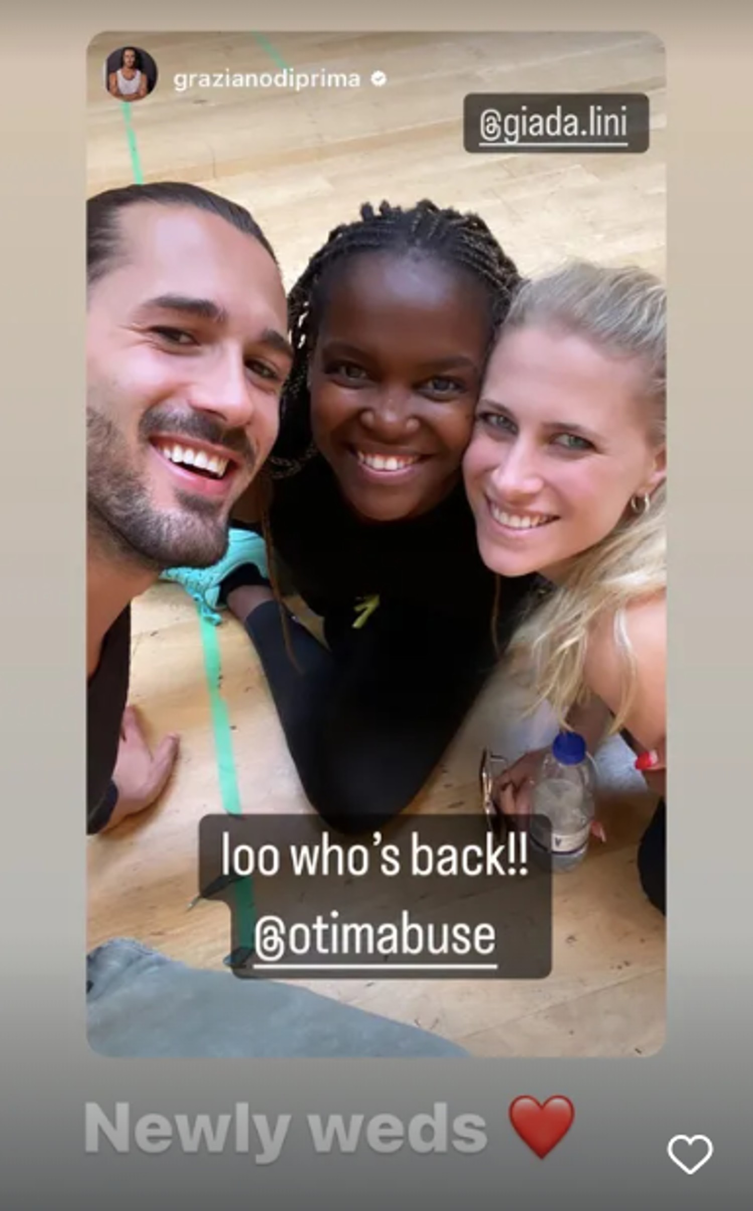 Graziano Di Prima, Giada Lini and Oti Mabuse smiling in an Instagram story 