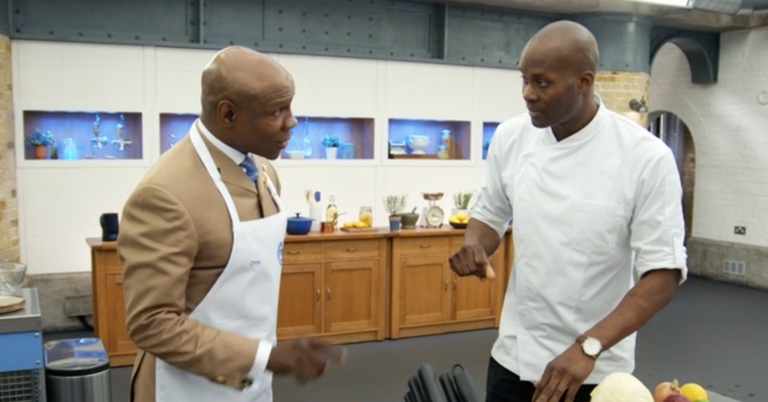 Chris Eubank and chef Freddy Forster in Celebrity MasterChef kitchen