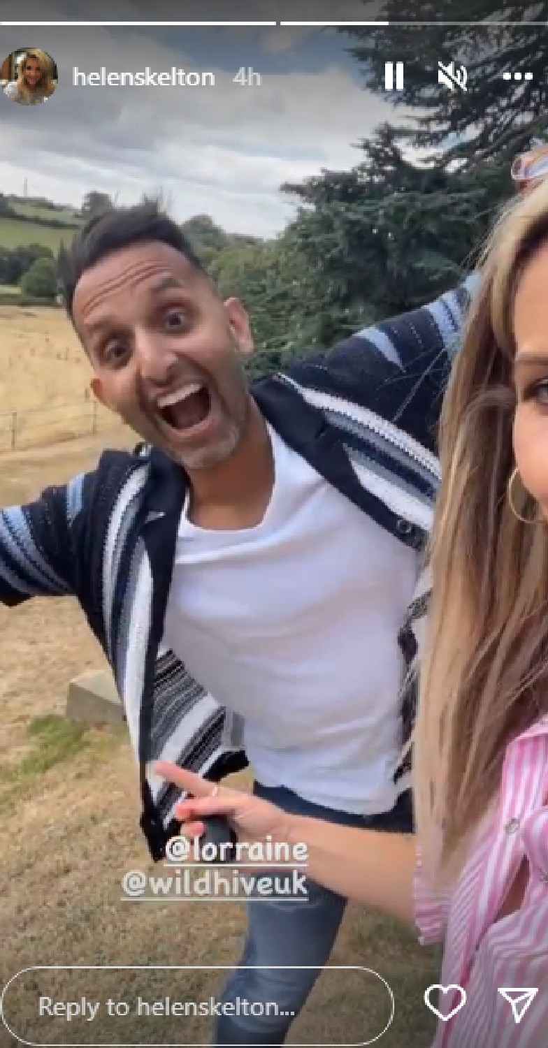 Helen Skelton screenshot from Instagram stories where she is wearing a pink shirt and filming outside with Dr Amir