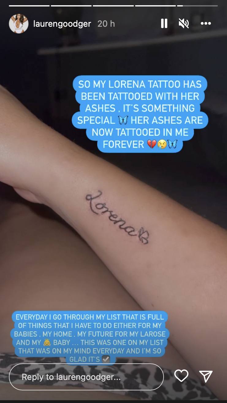 Lauren Goodger shows off her tattoo tribute on Instagram story