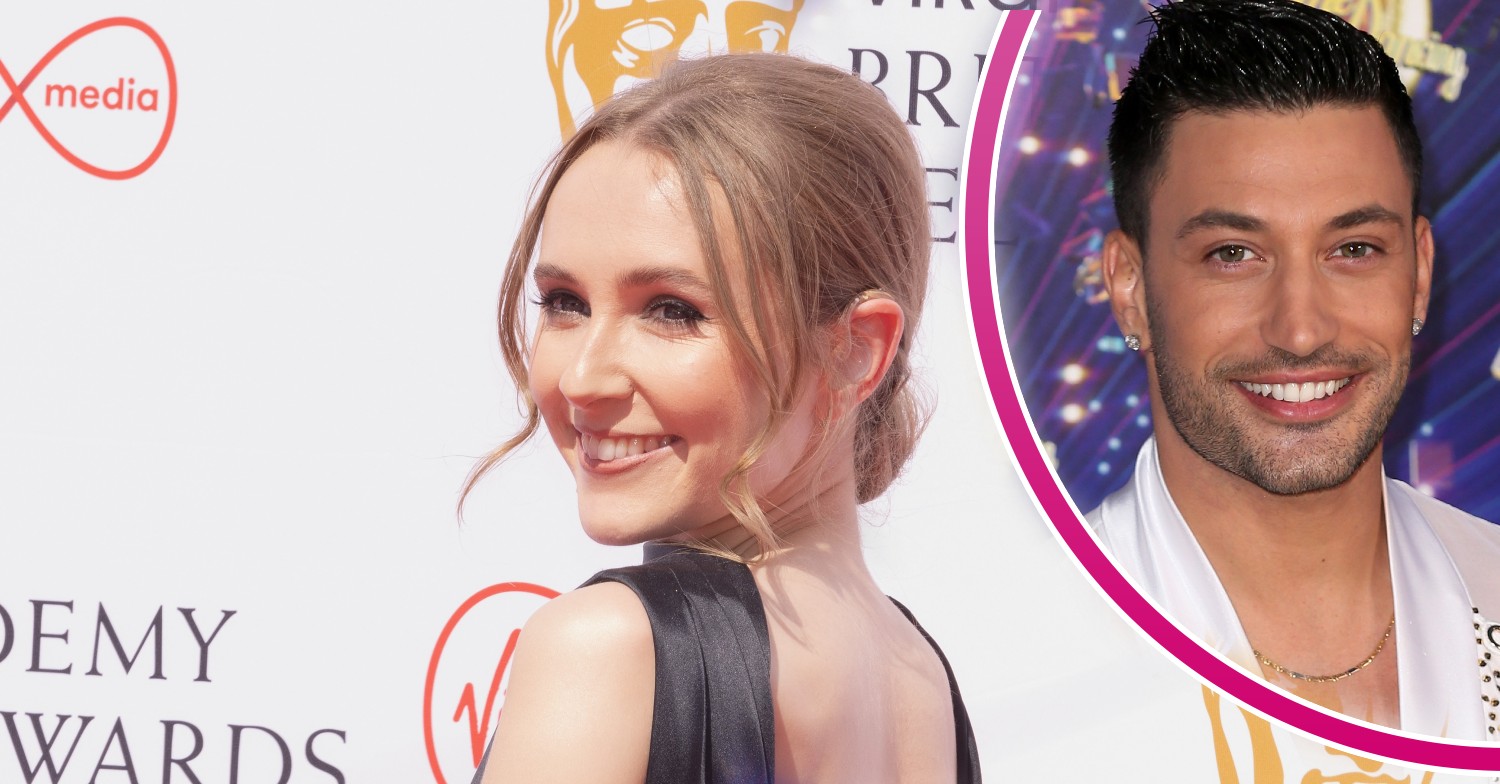 In large picture in centre, Rose Ayling-Ellis smiles for camera. In smaller picture in a pink half circle frame, a picture of Giovanni Pernice smiling