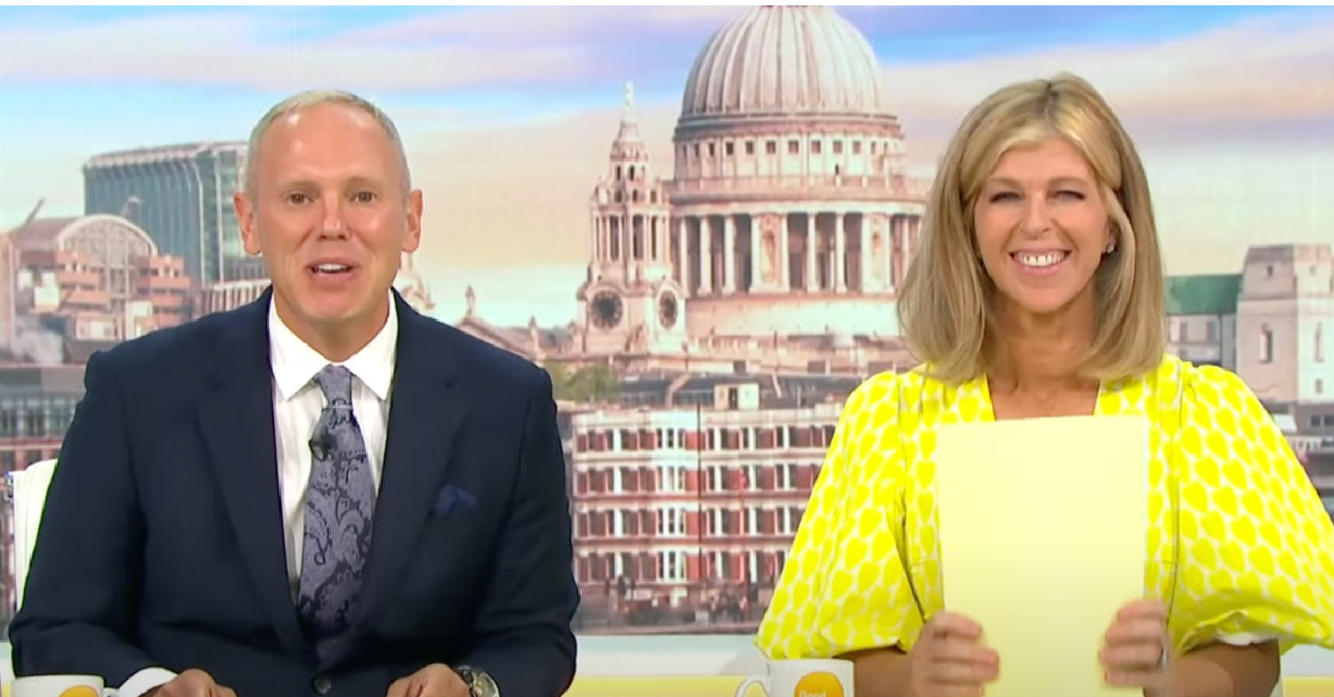 Kate Garraway and Rob Rinder presenting GMB today with Kate in a bright yellow dress