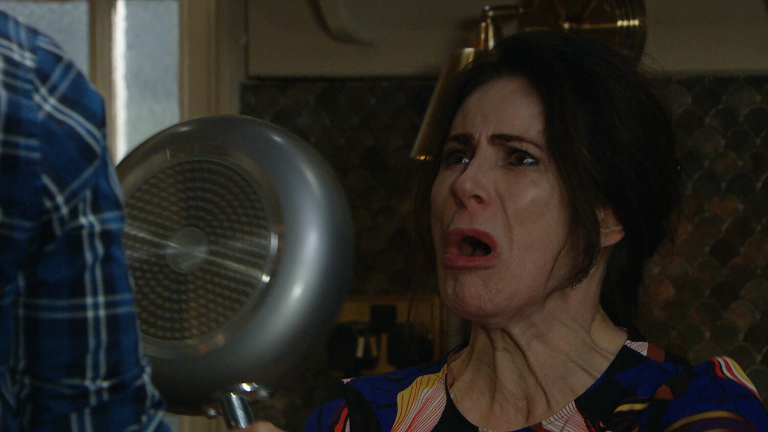 Emmerdale Faith with frying pan