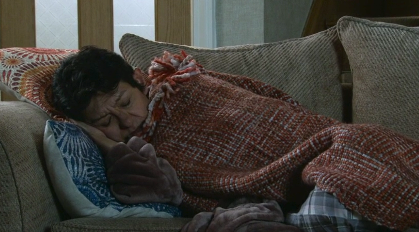 Coronation Street Yasmeen asleep on sofa