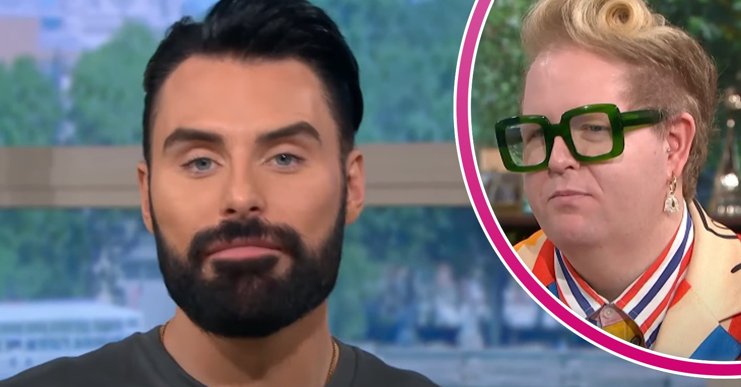 Rylan Clark looking at the camera and a party planner on This Morning today