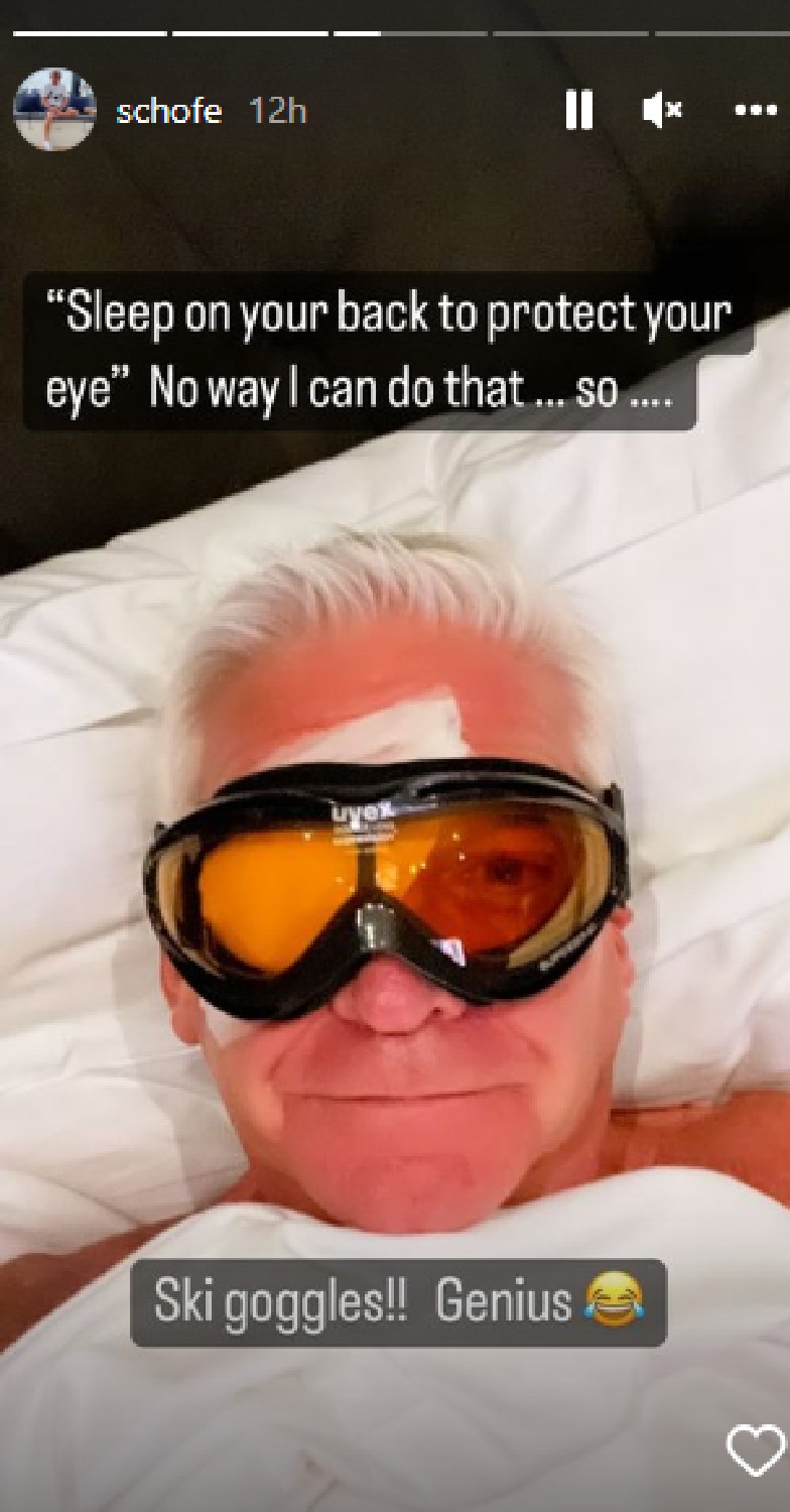 Phillip Schofield wearing ski goggles after eye surgery