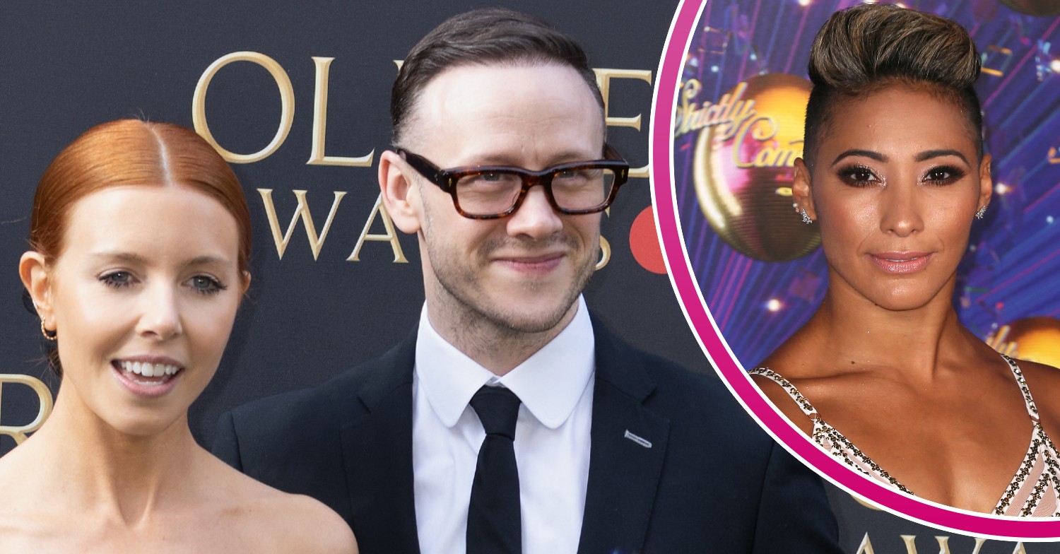 Stacey Dooley and Kevin Clifton smiling and Karen Hauer at Strictly launch
