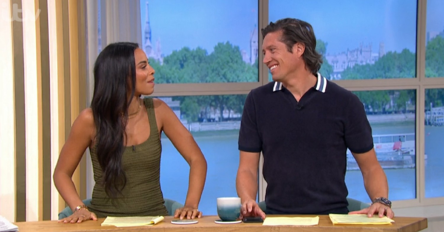 Rochelle Humes and Vernon Kay look at each other on This Morning today