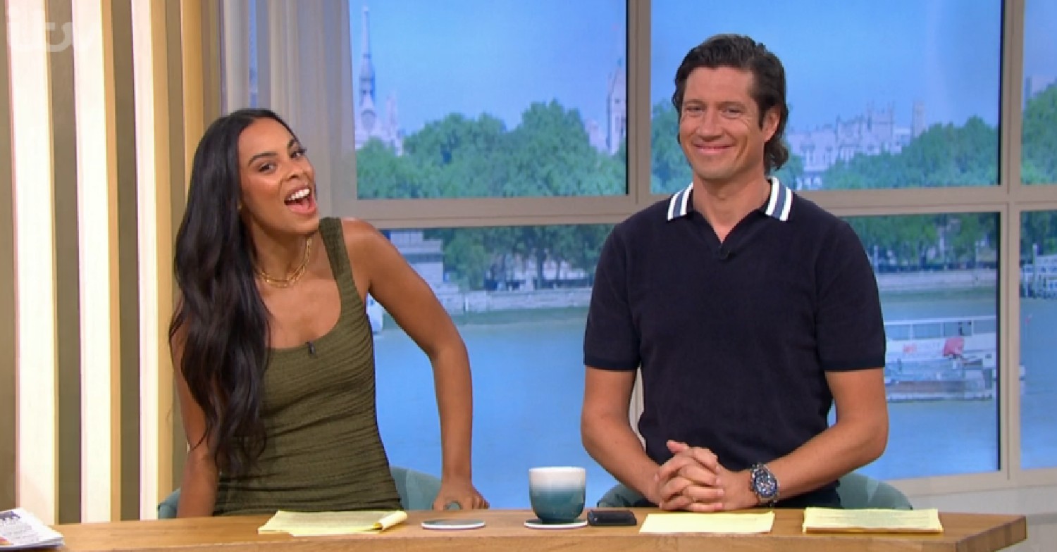 Rochelle Humes and Vernon Kay smiling on This Morning today