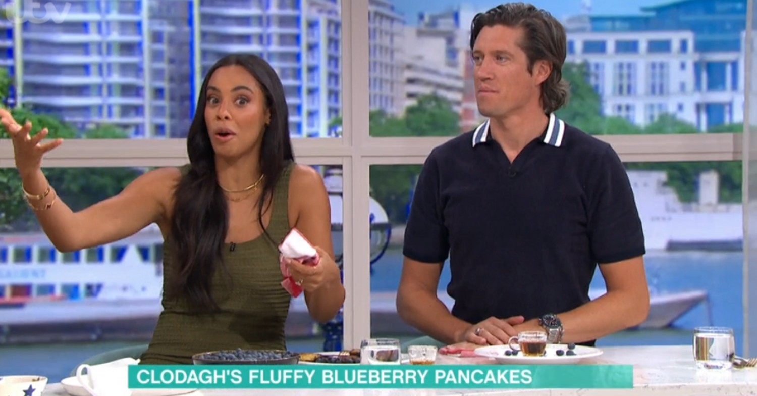 Rochelle Humes looking surprised alongside Vernon Kay on This Morning