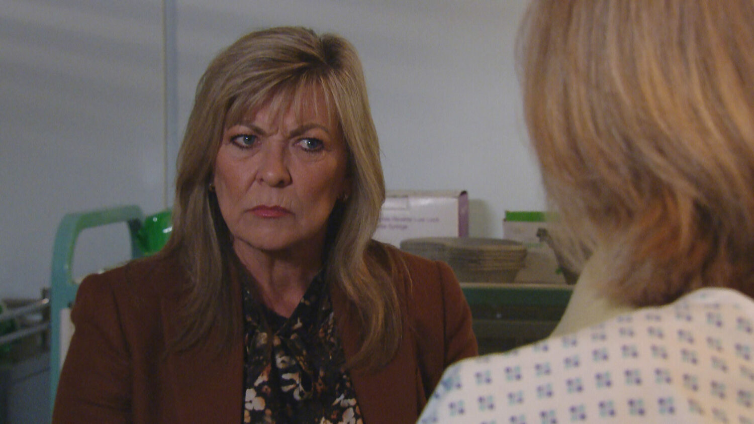 Kim Tate looks confused and angry in Emmerdale at the hospital