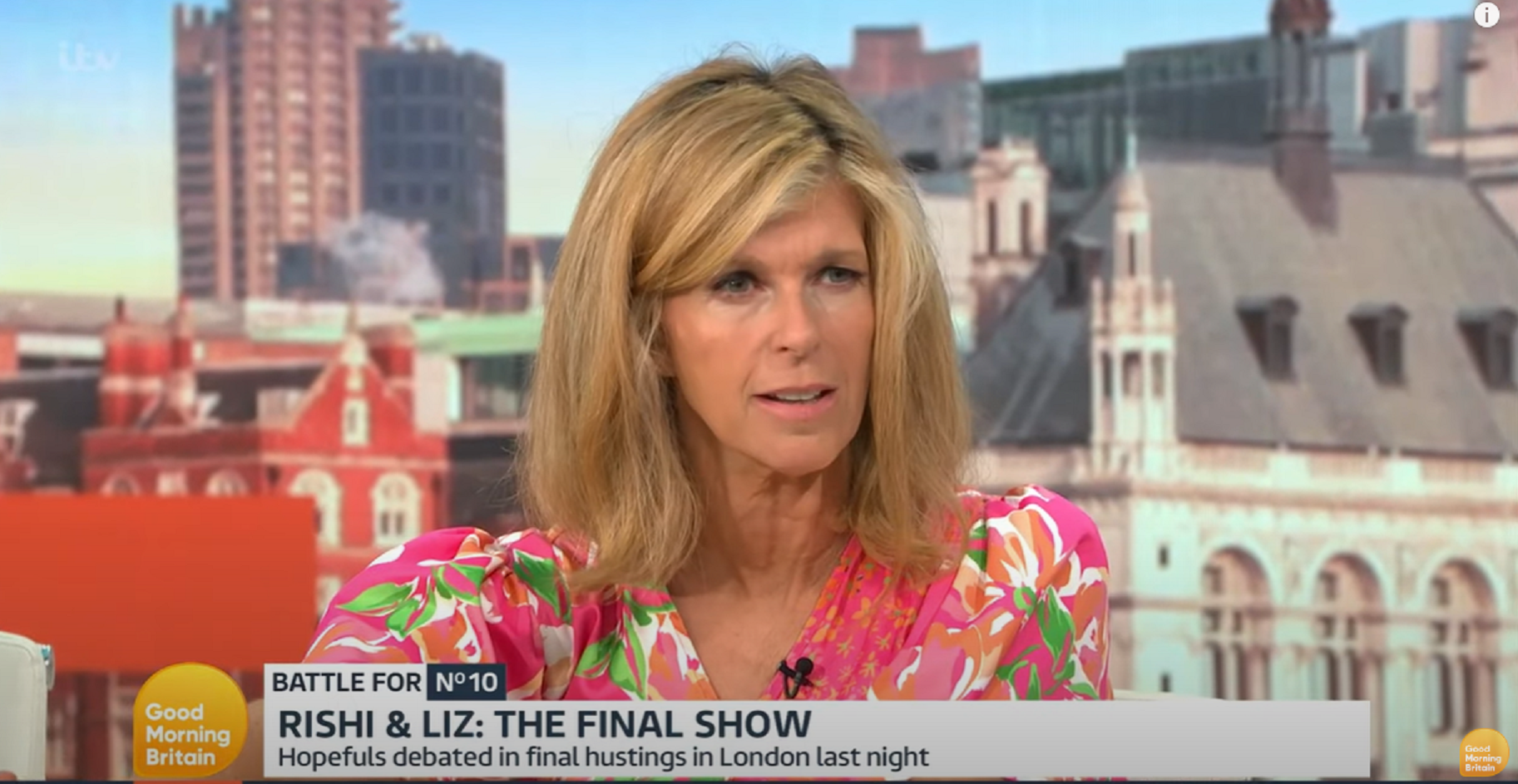 Kate Garraway wearing pink on GMB today with Ben Shephard