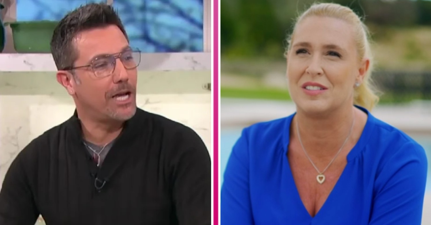 Gino D'Acampo looks to his side, his wife smiles