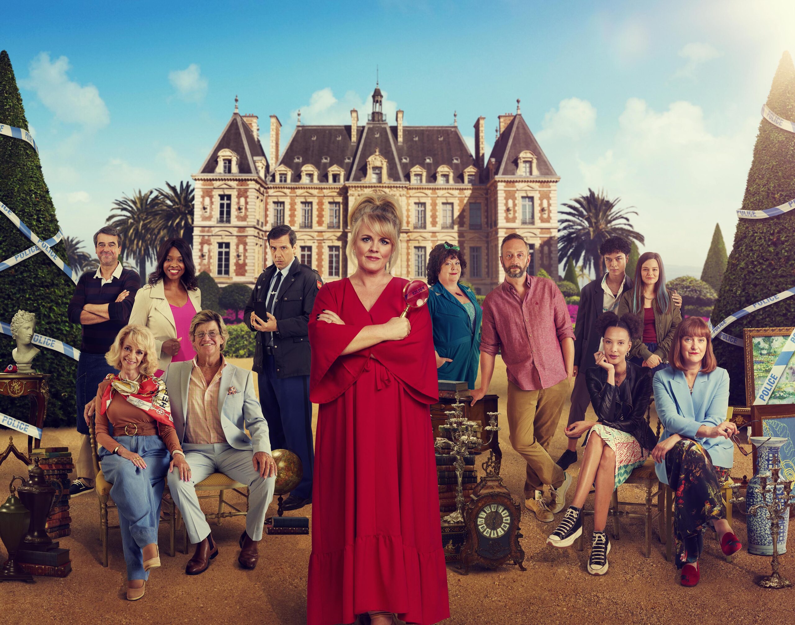 Left to right standing: - NIALL (AONGHUS WEBER), CELINE (MARGEAUX LAMPLEY), CARON (ALEX GAUMON), JEAN (SALLY LINDSAY), GLORIA (SUE VINCENT), DOM (STEVE EDGE), XAVIER (DAVID HECTER), CLAUDETTE (ALAIS LAWSON), Sitting left to right: - JUDITH (SUE HOLDERNESS), JEREMY (ROBIN ASKWITH), SIMONE (DJINDA KANE) and CHARLIE (SANCHIA MCCORMACK)