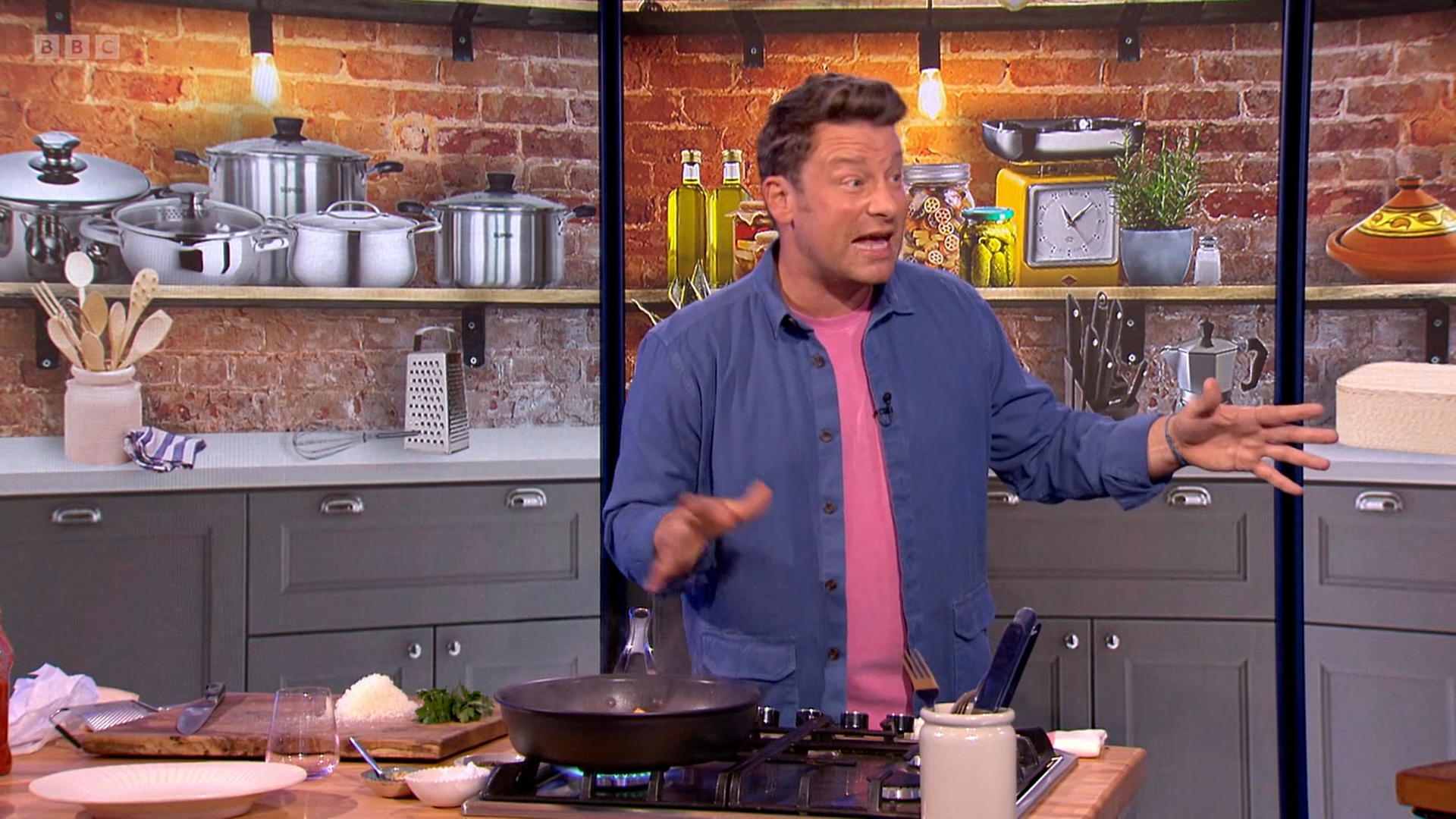 Jamie Oliver on The One Show wearing a blue shirt