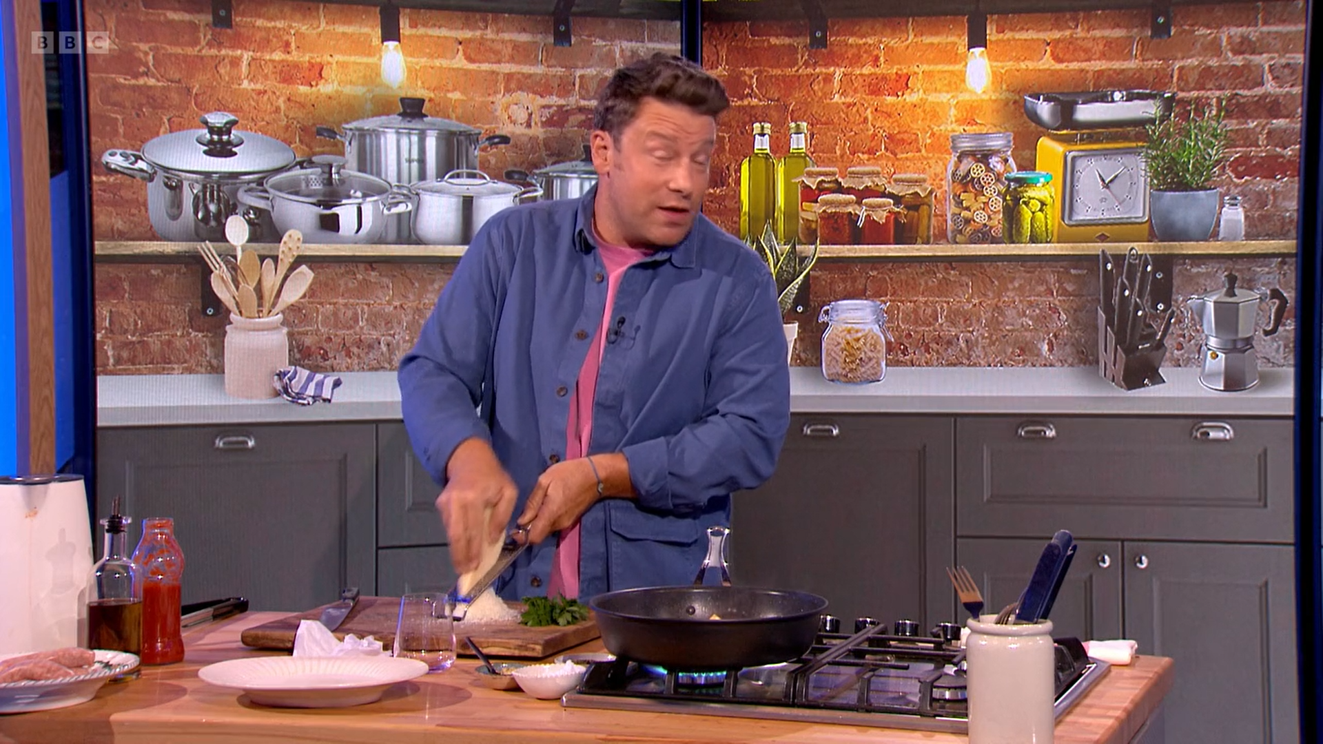 Jamie Oliver on The One Show wearing a blue shirt