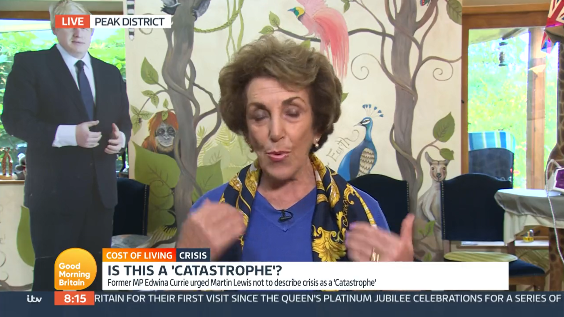 Edwina Currie wearing blue on GMB today