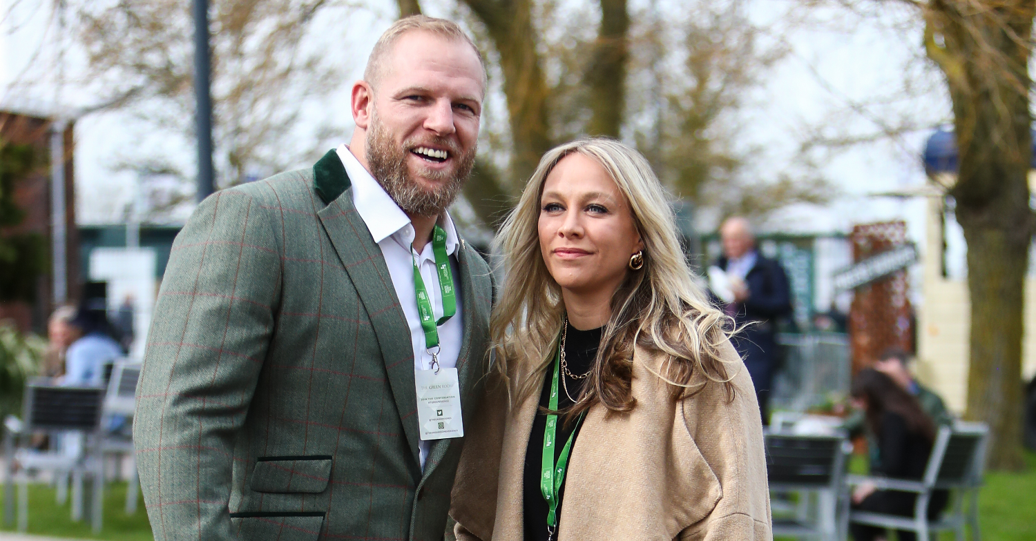 Chloe Madeley and James Haskell smile at an event