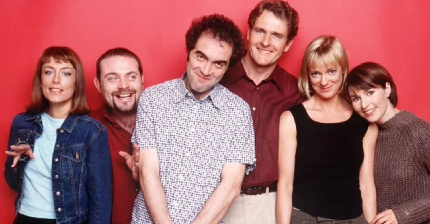 Fay Ripley alongside other members of the Cold Feet cast in the 1990s