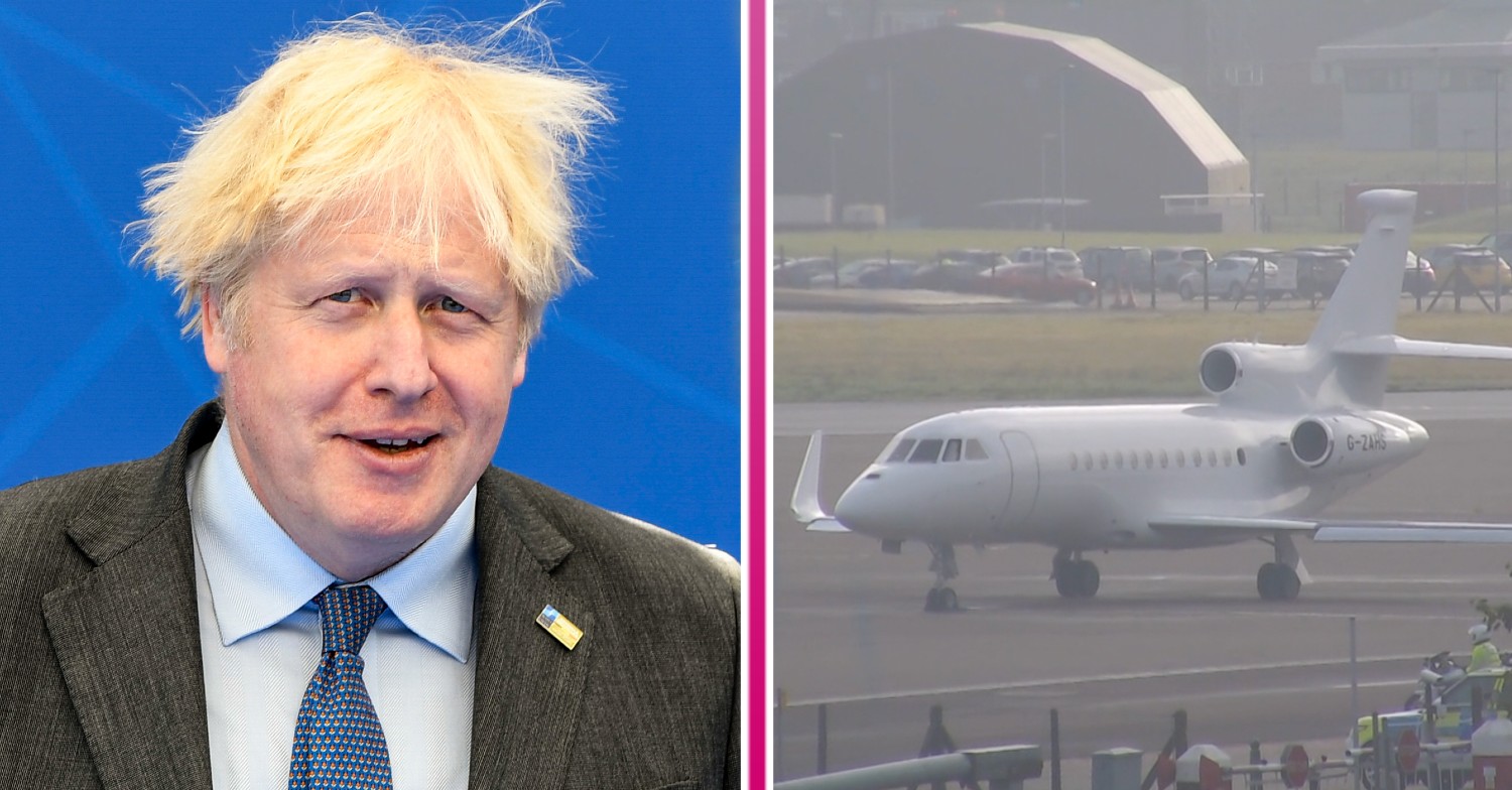 On the left, Boris Johnson in suit and tie with blue background. A pink line splits the pictures. On the right, a plane on a runway on BBC Breakfast today