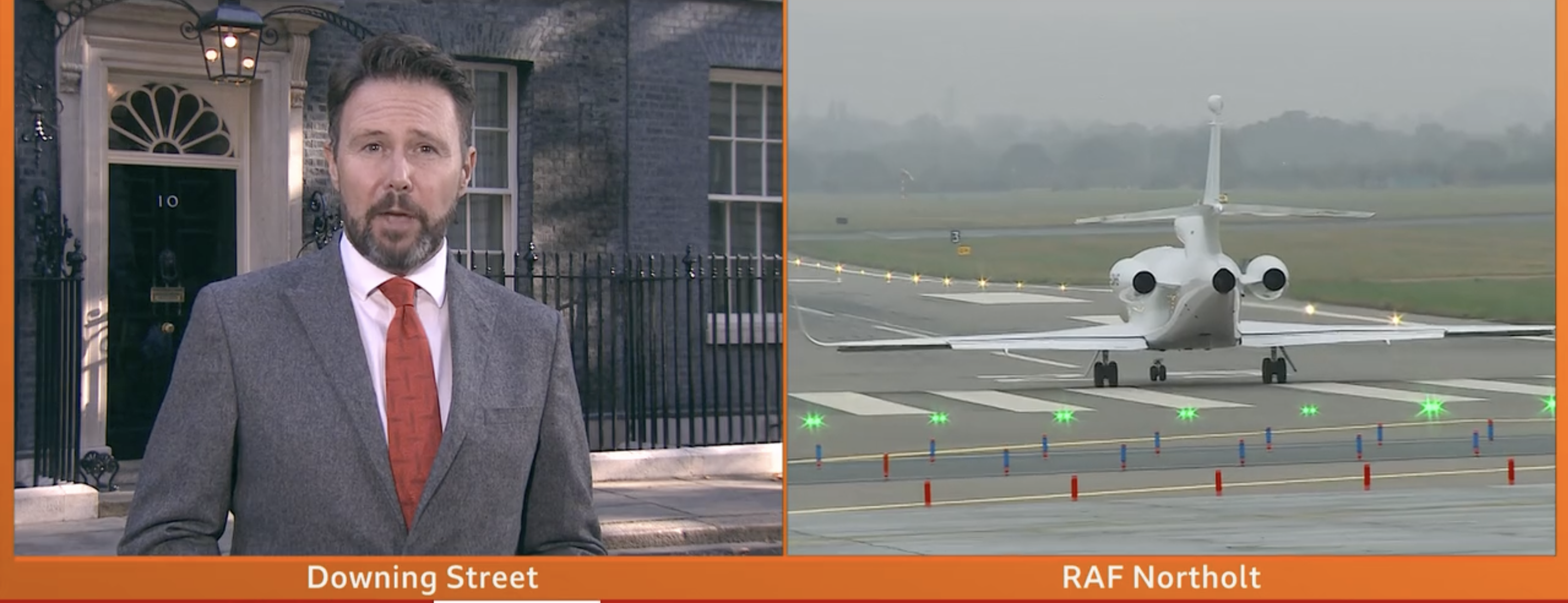 On the left, a picture of reporter Jon Kay. On the right, Boris Johnson's plane.