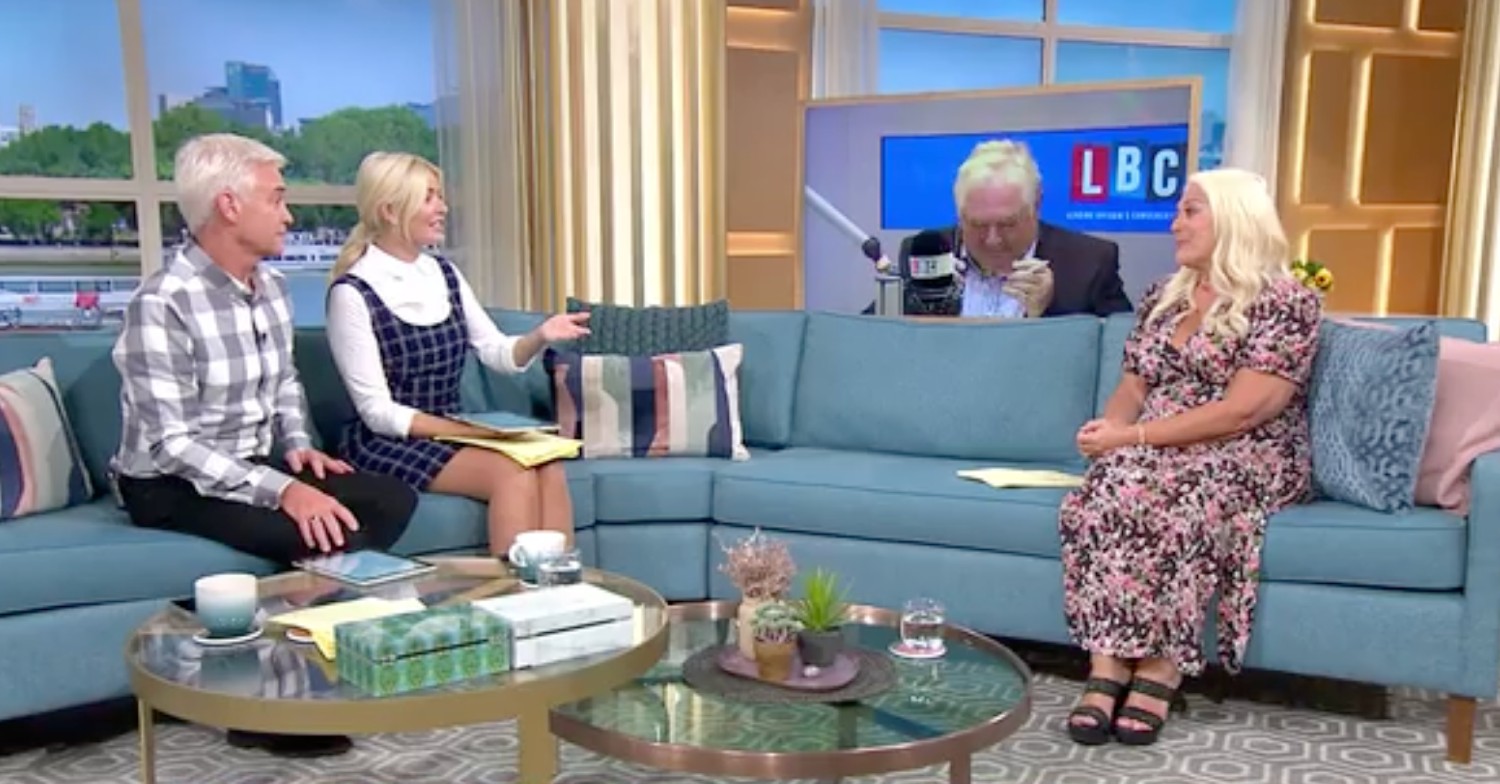 Holly Willoughby and Phillip Schofield sit on This Morning couch today along with Vanessa Feltz, while Nick Ferrari appears on a screen behind her. 