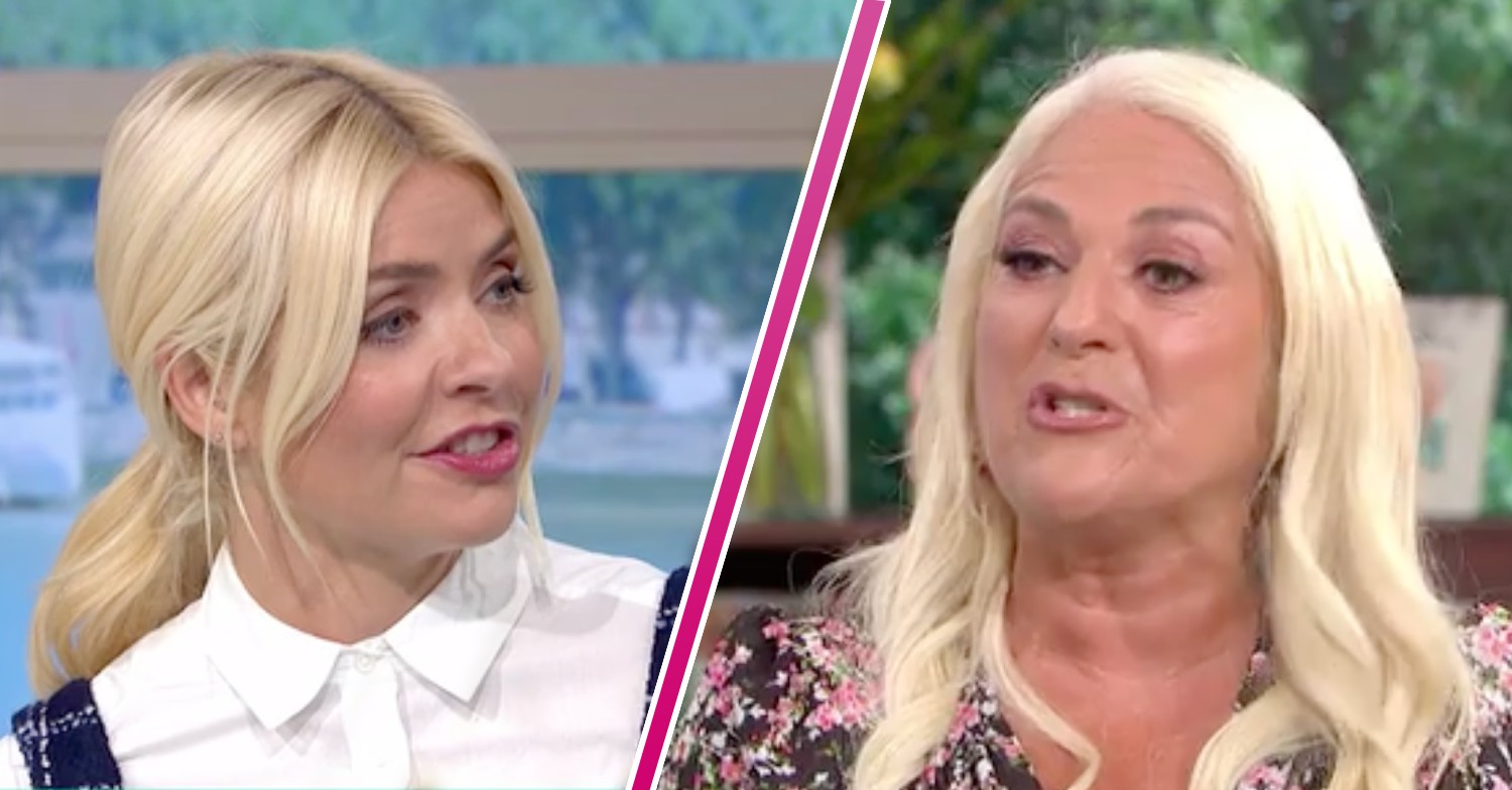 On the left, Holly Willoughby talking. Split by a diagonal pink line. On the right, Vanessa Feltz talking on This Morning today