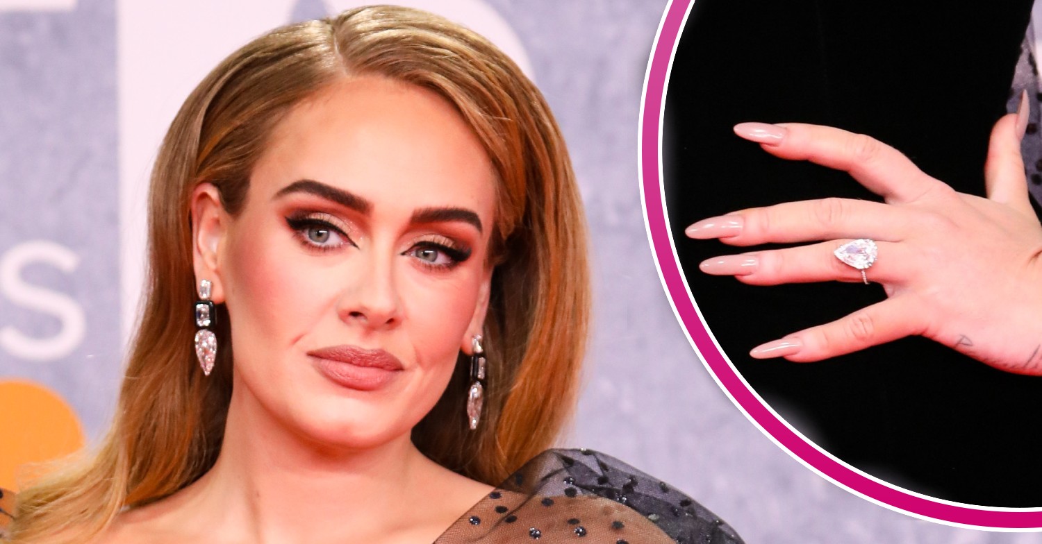 Adele smiling at BRIT Awards. On the right, a half circle with a picture of Adele's possible engagement ring.
