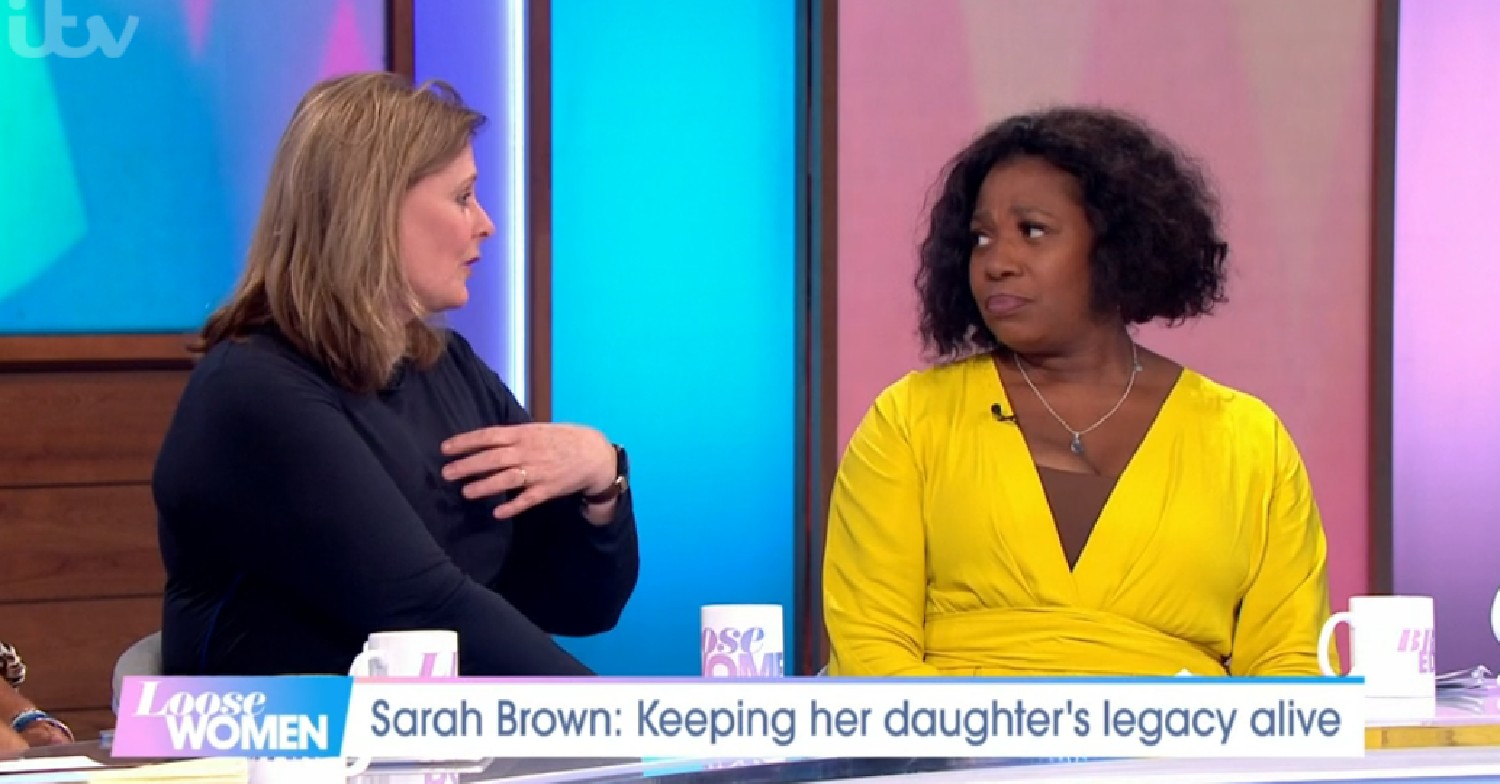 Sarah Brown looking at Brenda Edwards on Loose Women today