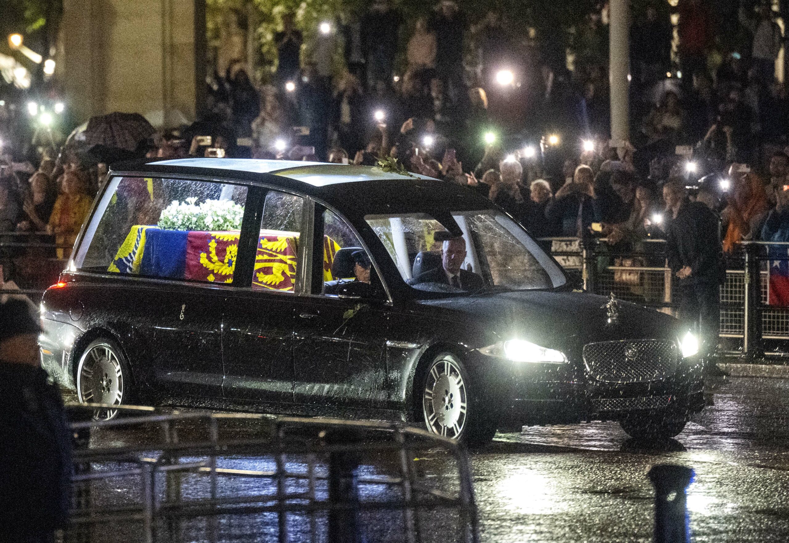 The Queen's coffin travelling to London
