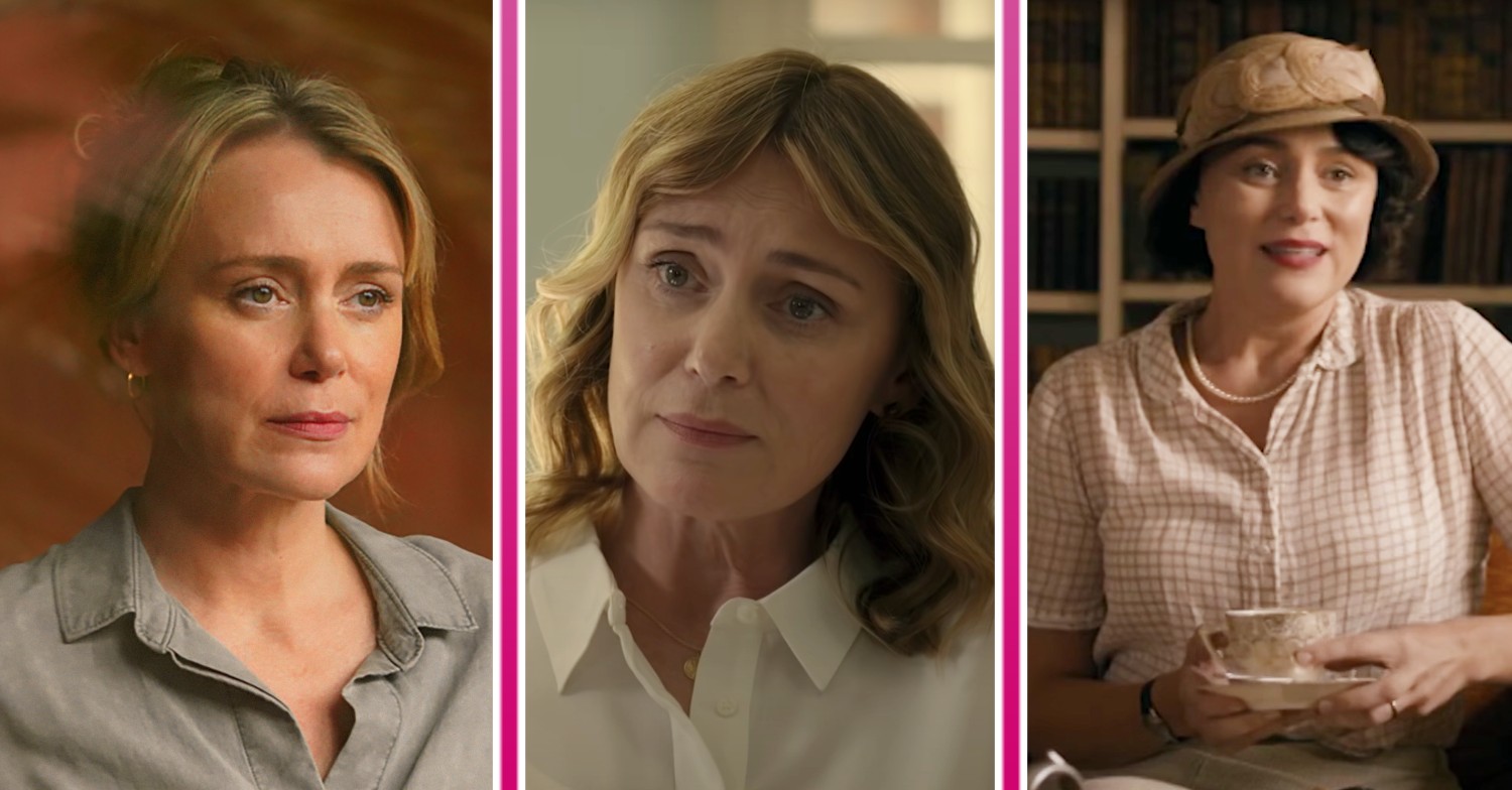 Keeley Hawes smiling in The Durrells and with a blank expression in Crossfire and The Midwich Cuckoos