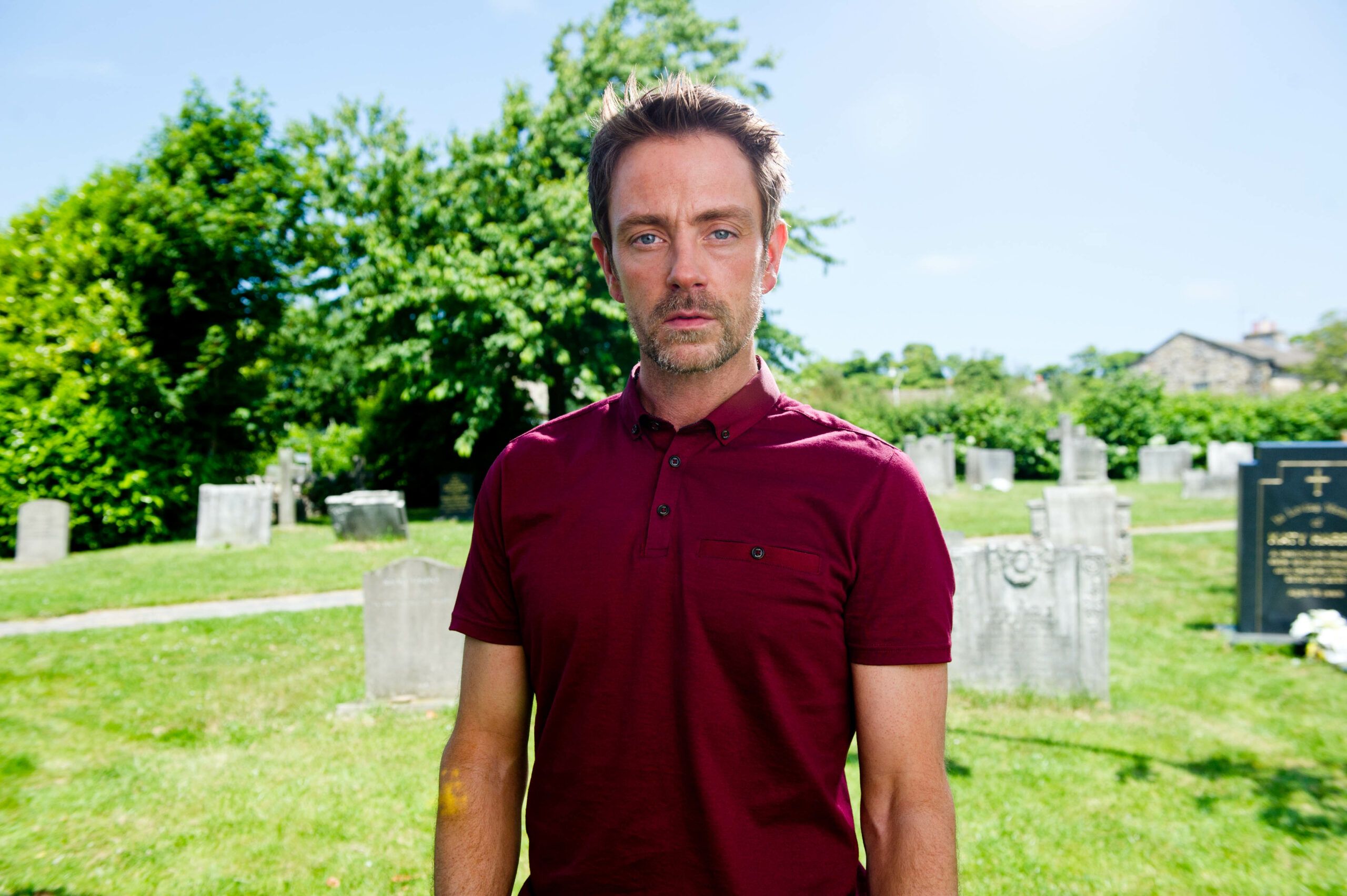 Cameron Murray in the Emmerdale graveyard