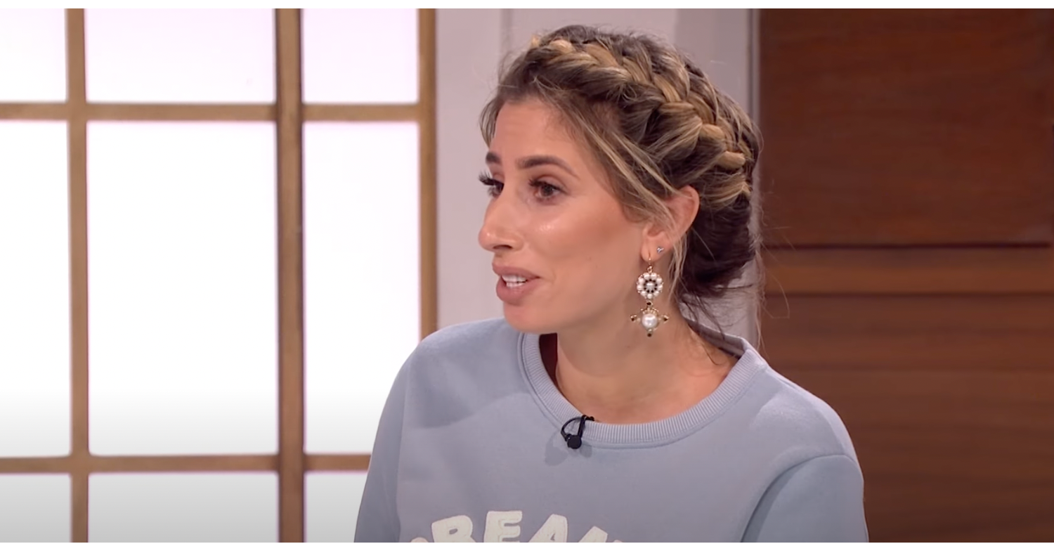 Stacey Solomon in grey sweatshirt speaking on Loose Women