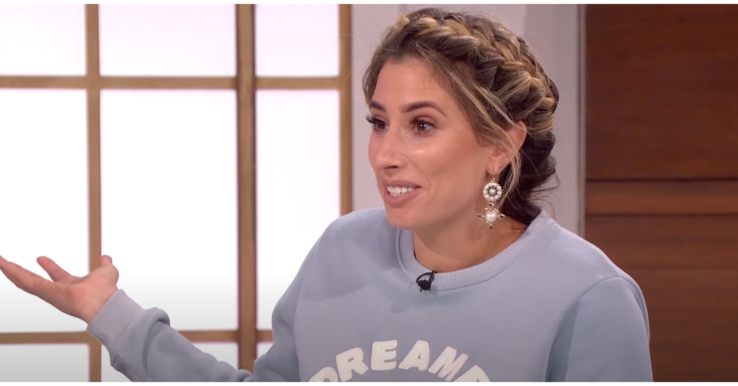 Stacey Solomon in grey jumper with braided hair