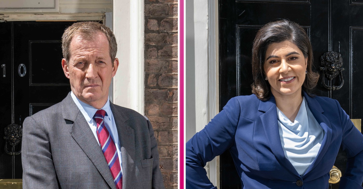 Alastair Campbell and Sayeeda Warsi smiling in Make Me Prime Minister