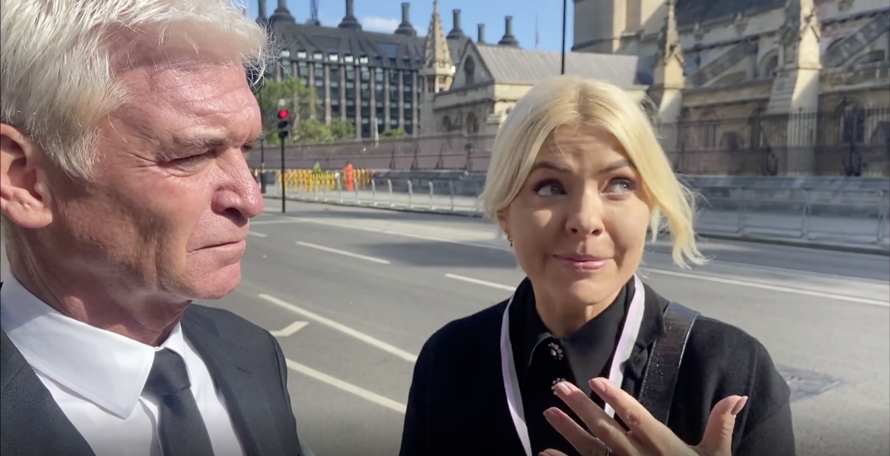 Holly Willoughby and Phillip Schofield speaking outside Westminster 