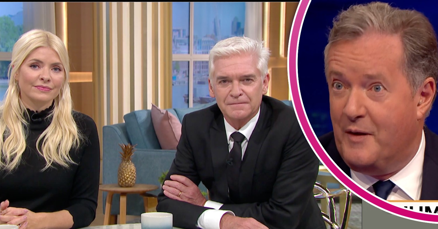 Holly Willoughby and Phillip Schofield on This Morning wearing all black and Piers Morgan in the smaller bubble on Uncensored