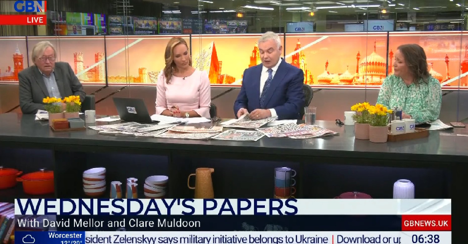 Eamonn Holmes speaking on GB News alongside co-stars