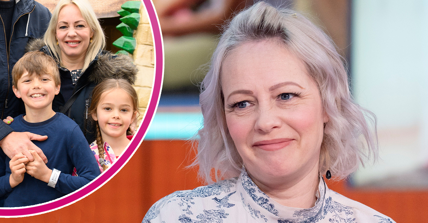 Sarah Cawood being interviewed and with her kids