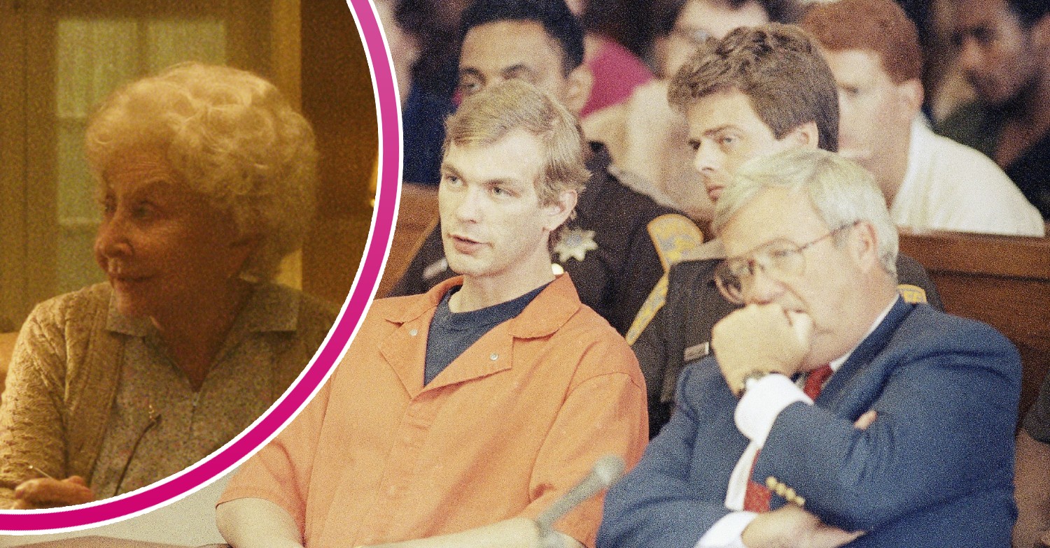 Jeffrey Dahmer sitting in court and Michael Learned playing Jeffrey's grandma in Monster: The Jeffrey Dahmer Story